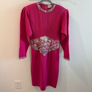 Vintage Fuchsia Long Sleeve Dress with Floral Accents